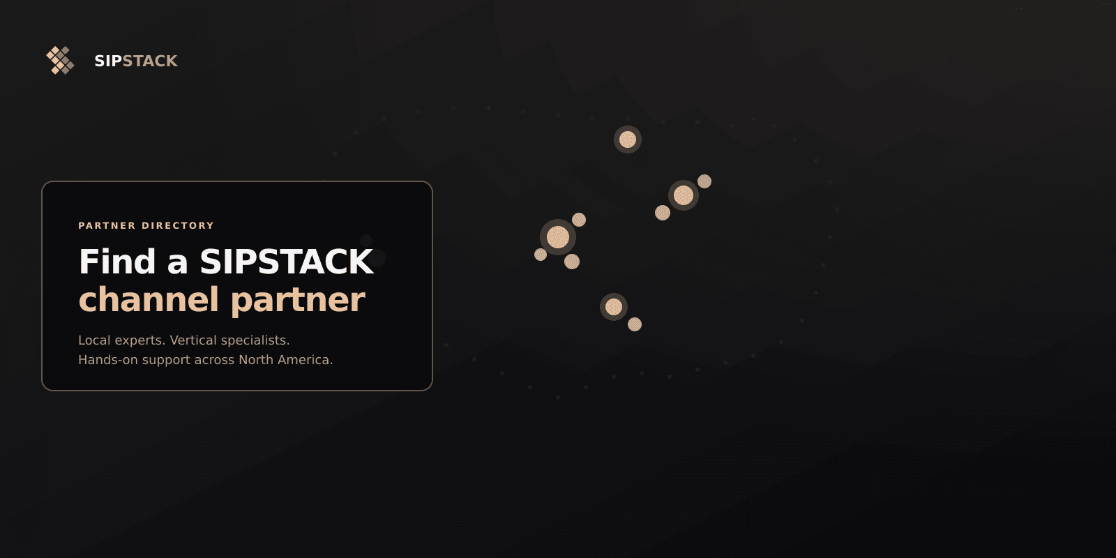 SIPSTACK Partner Directory hero illustration showing pin clusters across North America