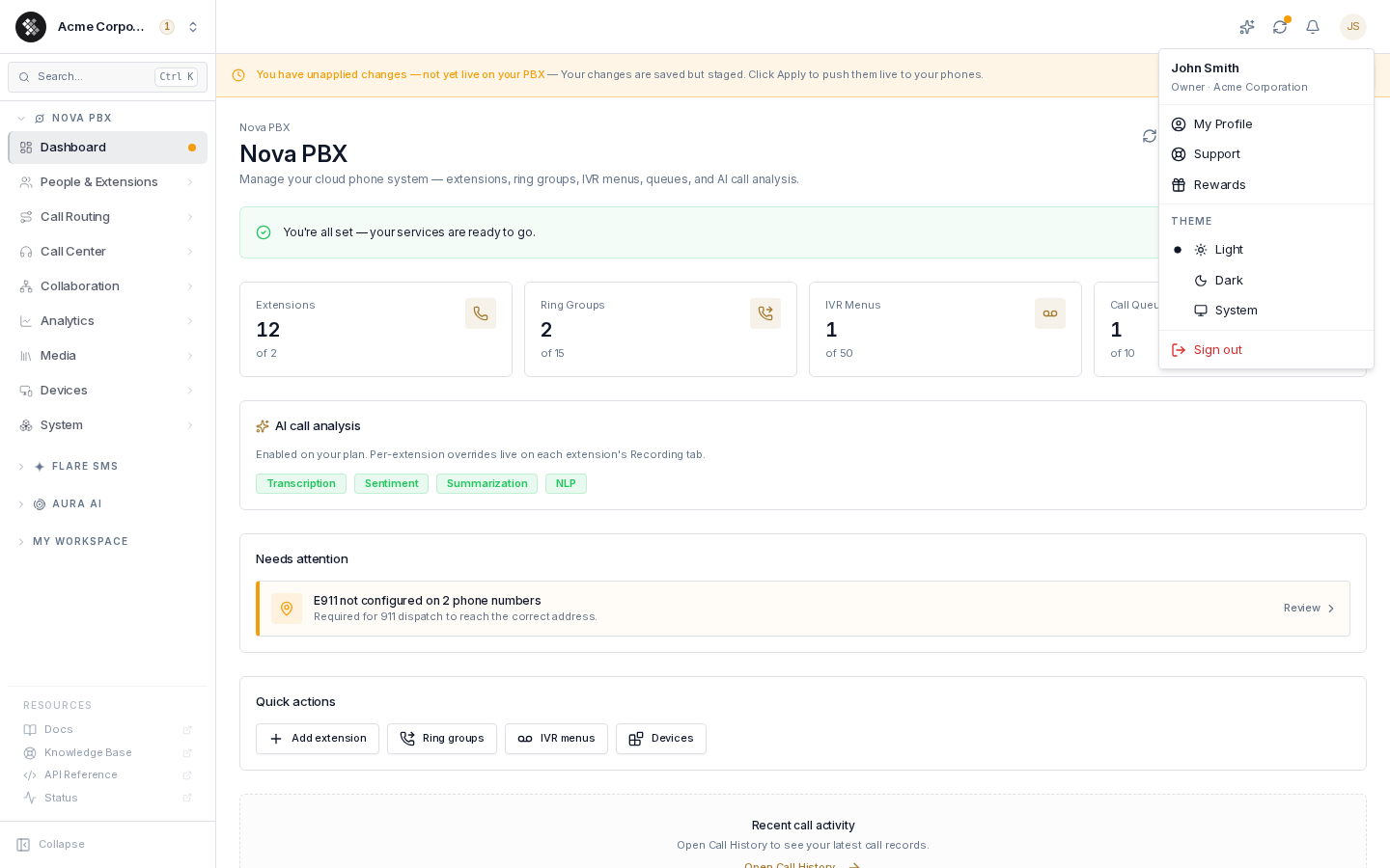 The user menu with profile, support, and theme controls