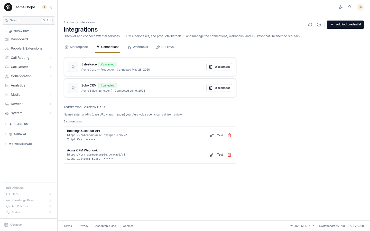 Integrations Connections tab showing connected CRMs