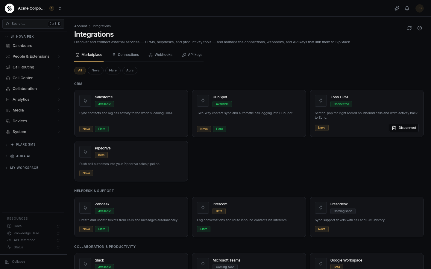 Integrations Marketplace in dark mode