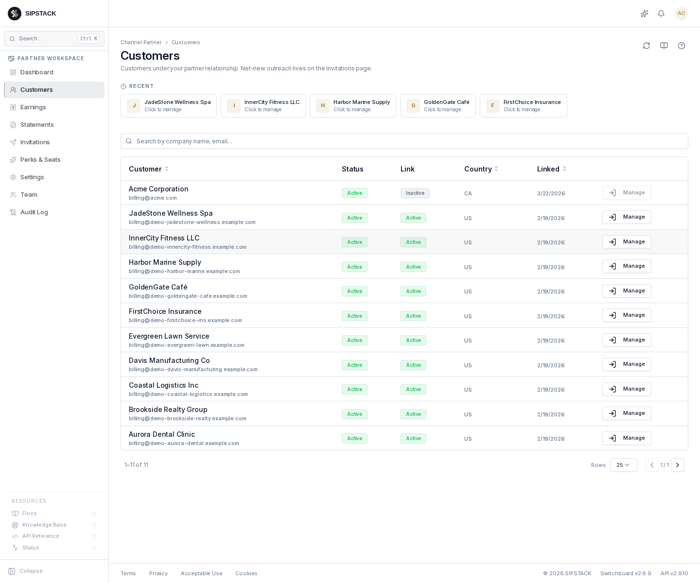 Customers page with the Recent rail at the top.