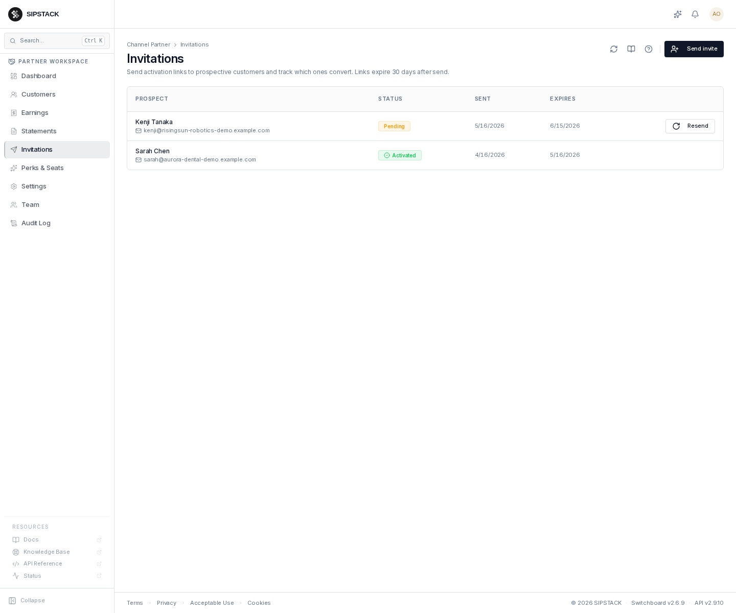 Invitations page with send / resend / status columns.