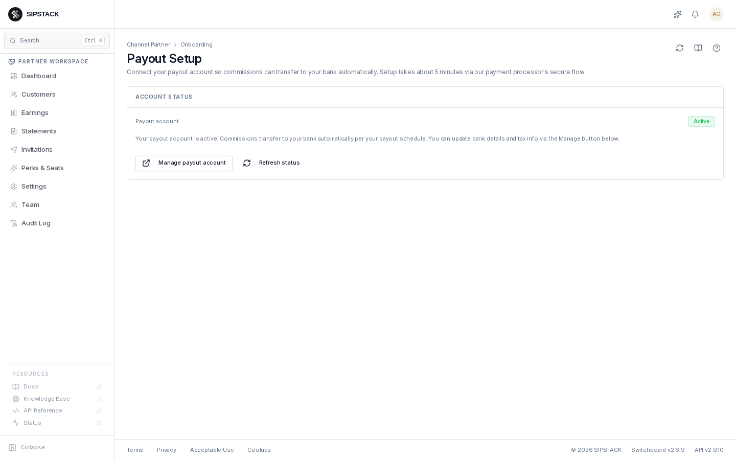 Payout Setup page with an active payout account.