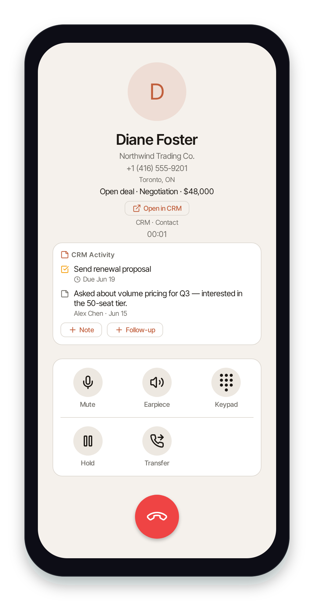 Pulse in-call screen with CRM screen-pop, caller number and location