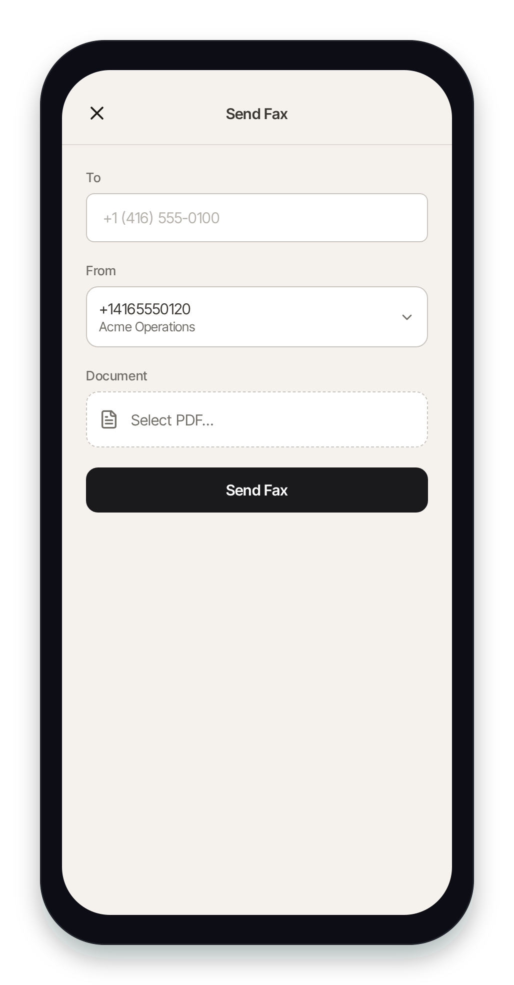 Send Fax form — To, From, and PDF picker
