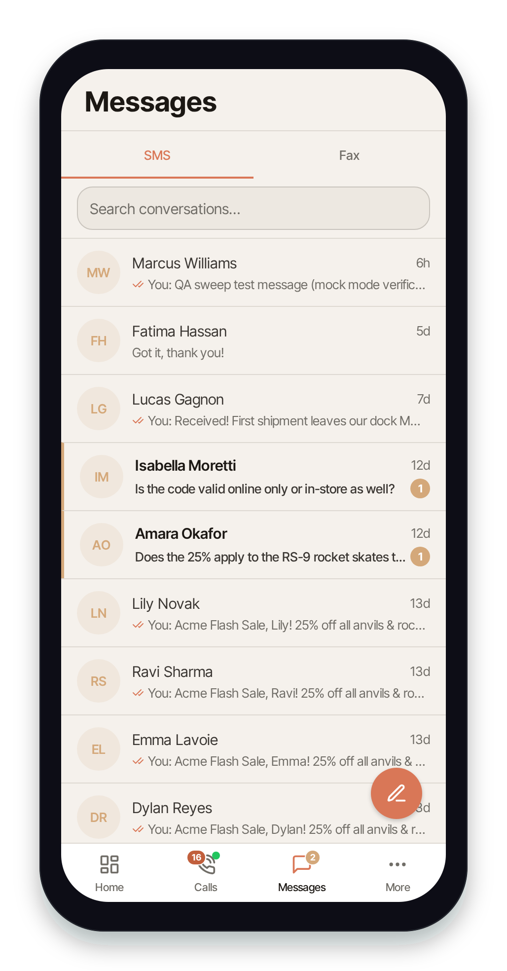 SMS conversation list in Pulse