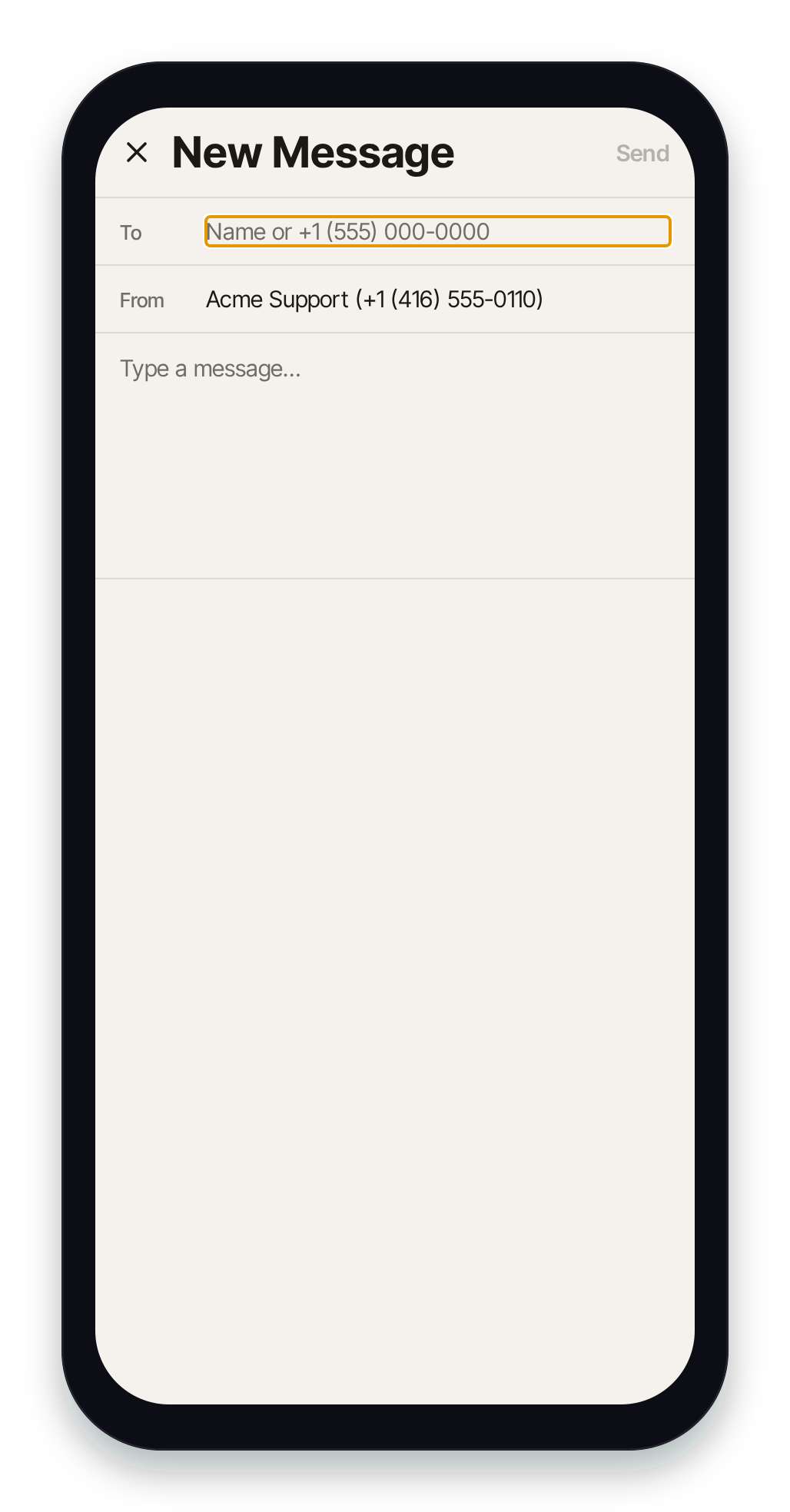 New message screen — To, From, and message body