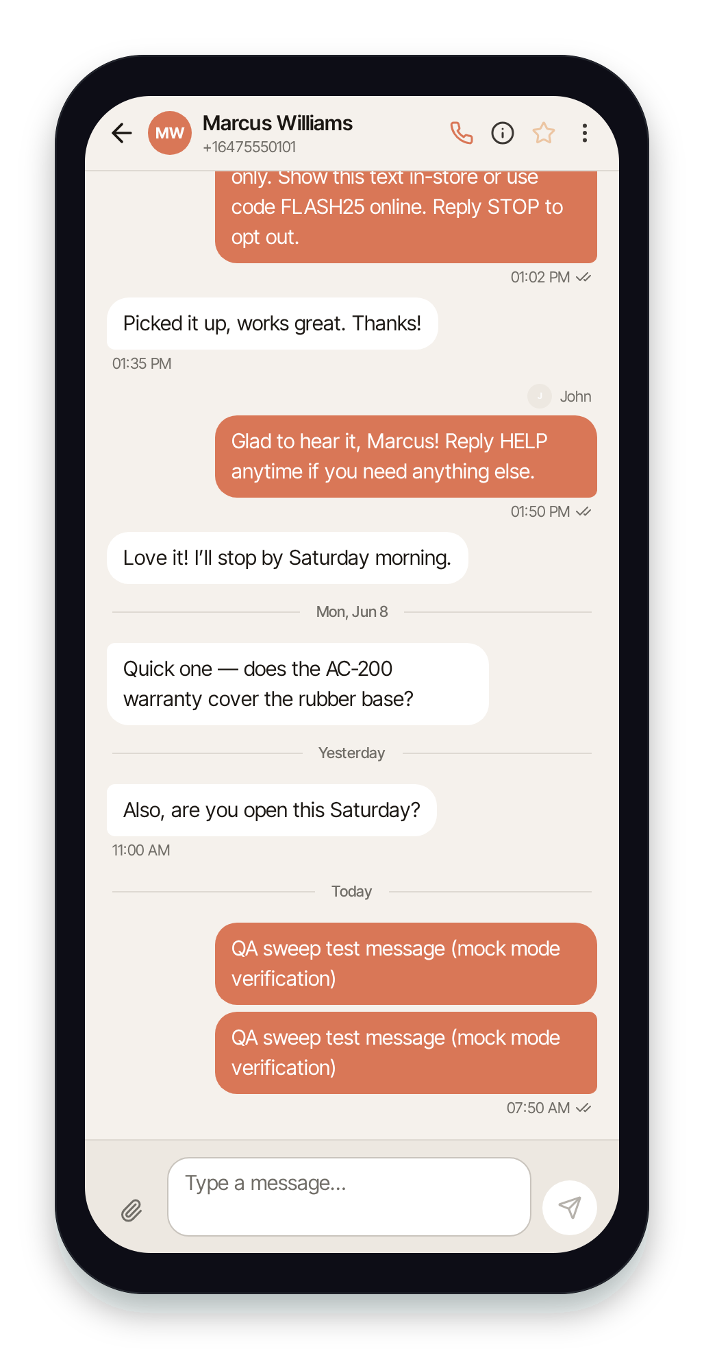 An open SMS thread with message bubbles