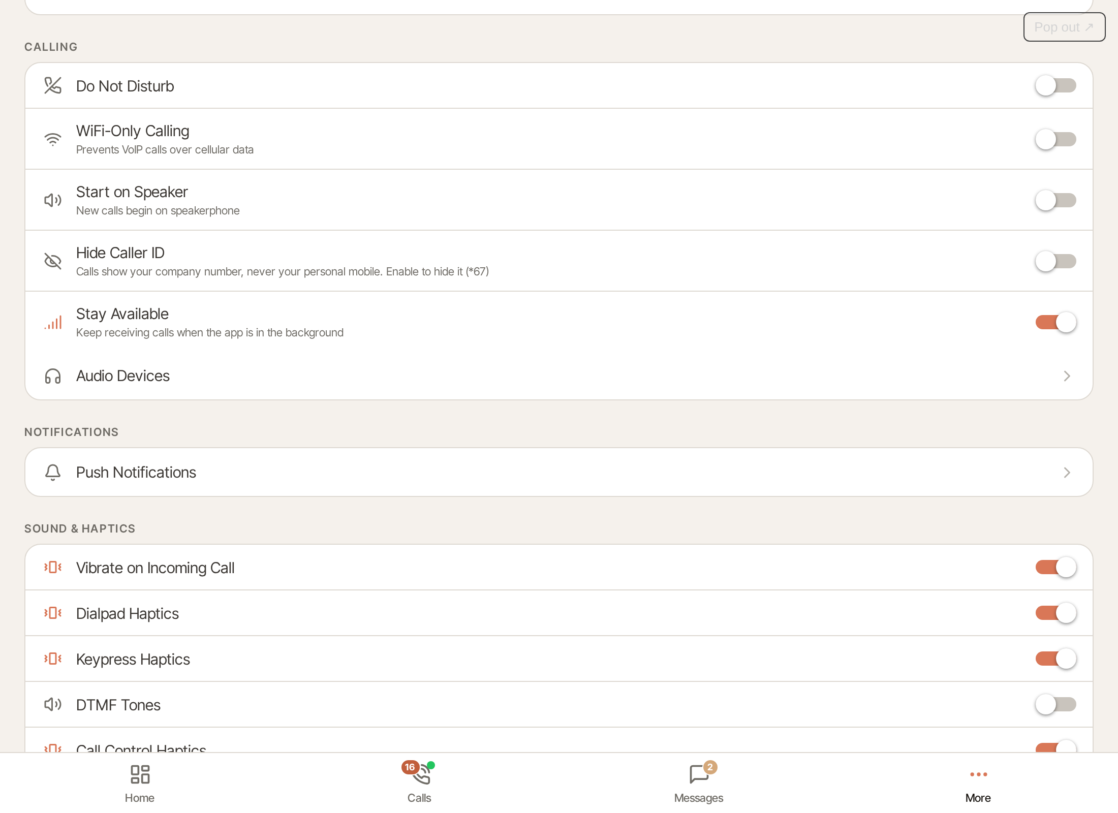 Calling section with the Audio Devices row on desktop