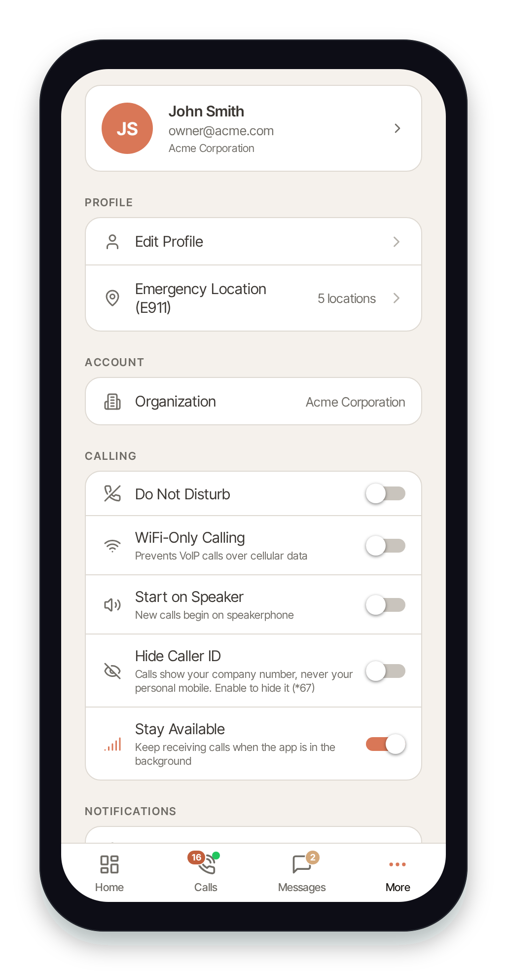 Calling section on the More tab with Do Not Disturb and other toggles