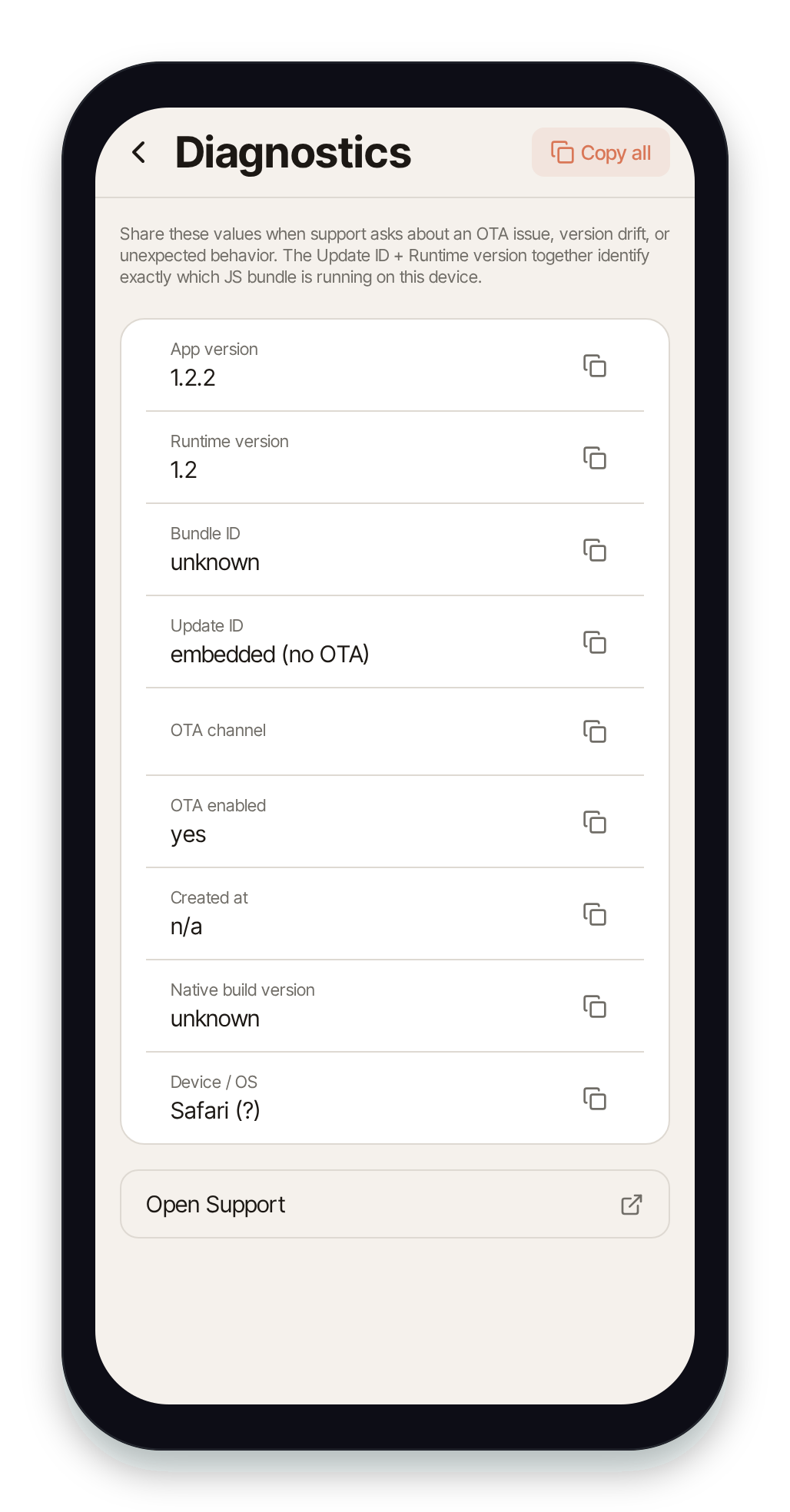 Diagnostics screen listing app version, runtime version, and update ID