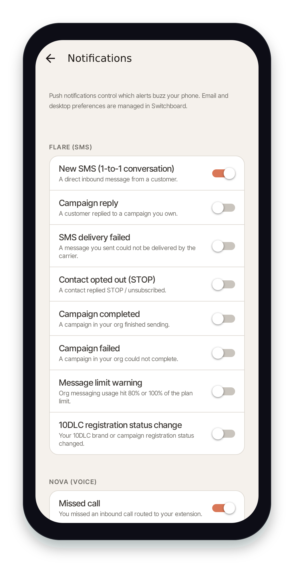 Notifications screen with per-channel toggles grouped by product area