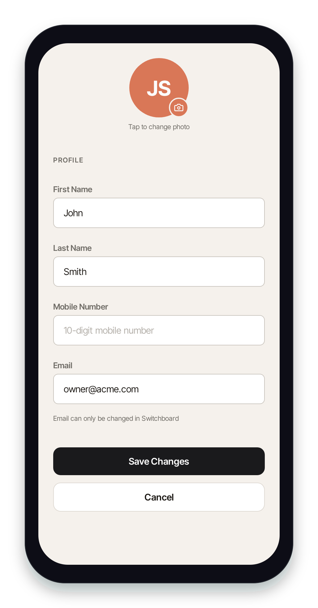 Profile editor with avatar, name, and mobile number fields