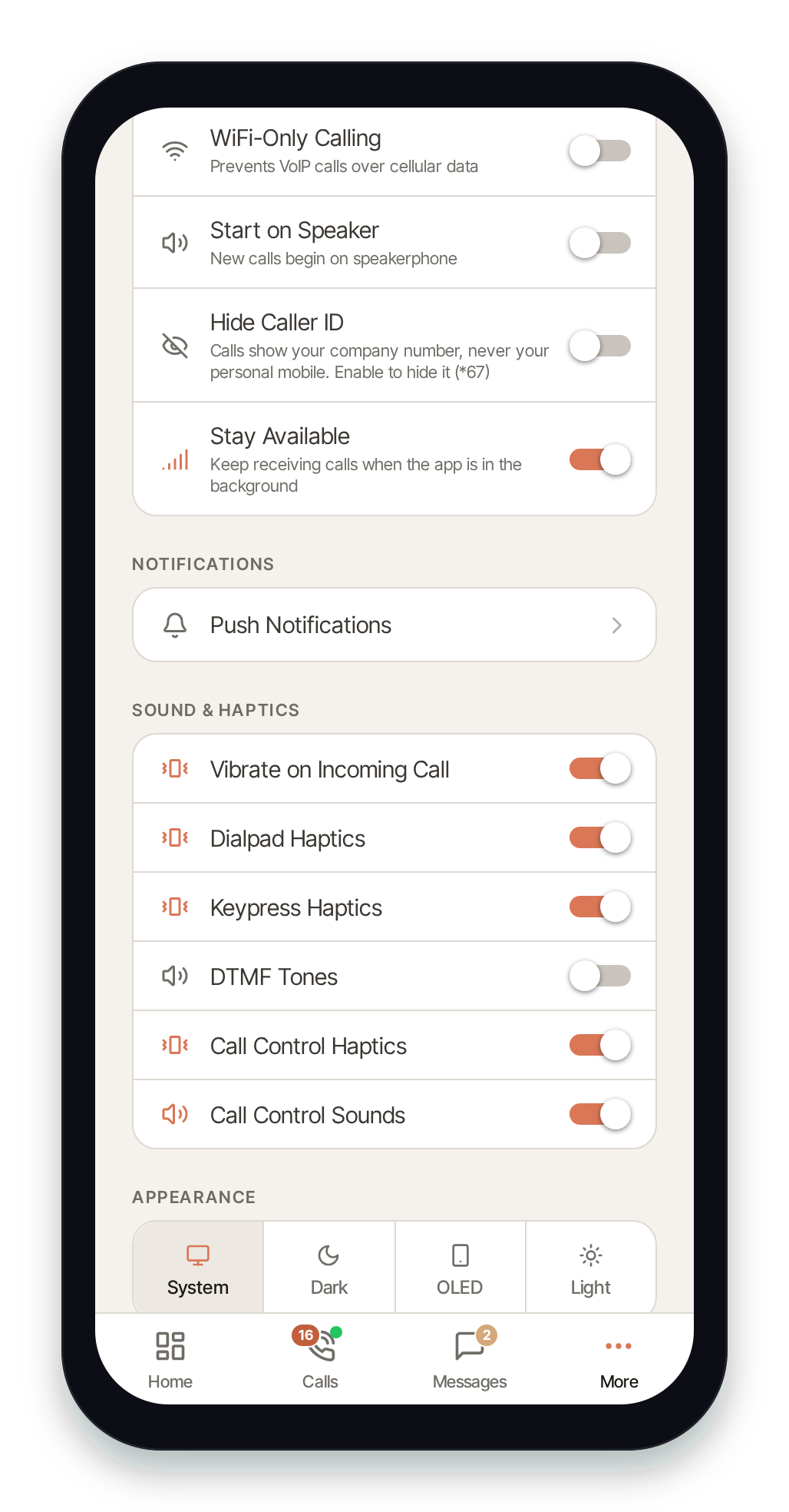 Sound & Haptics section with haptic and tone toggles