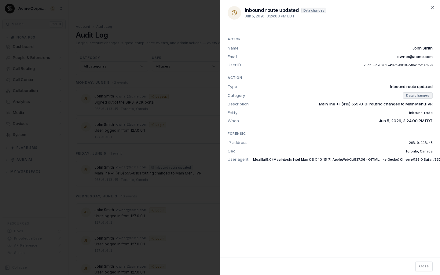 Audit log entry detail sheet