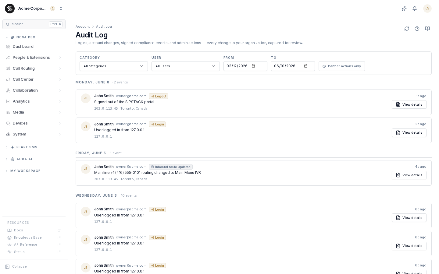 Audit log page