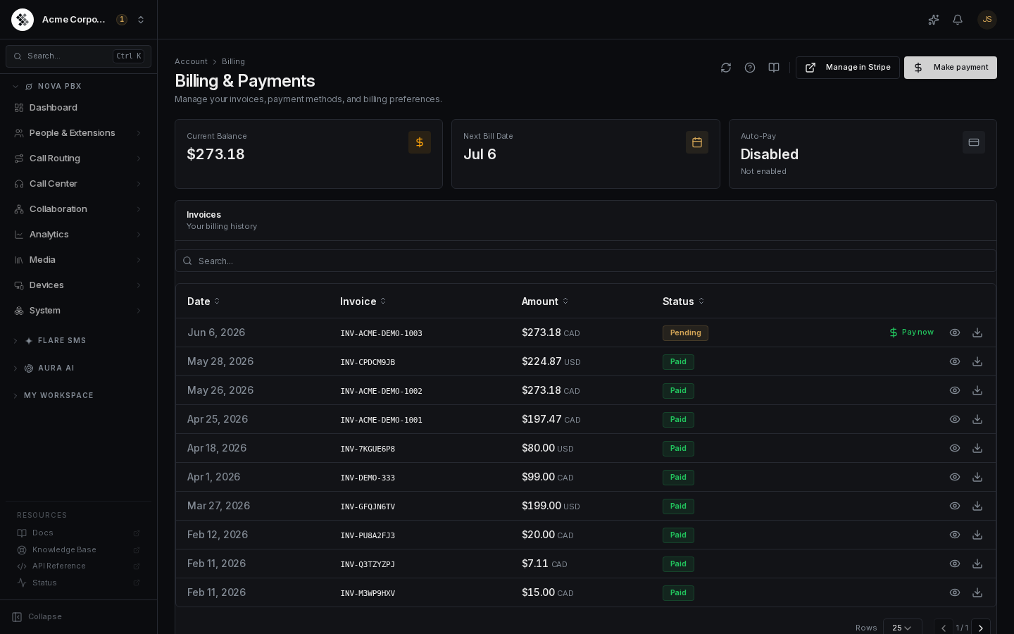 The Billing & Payments page in dark mode