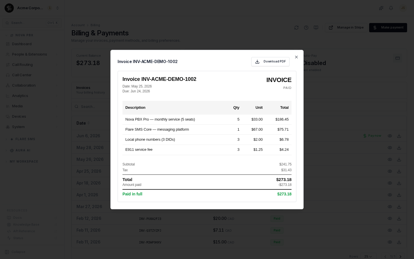 Invoice preview dialog with line items and tax breakdown