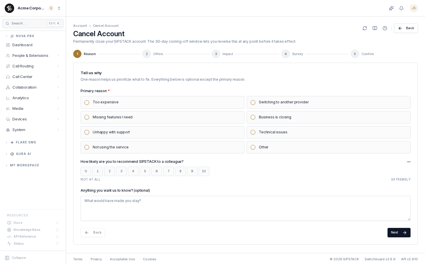 Cancellation wizard — reason step