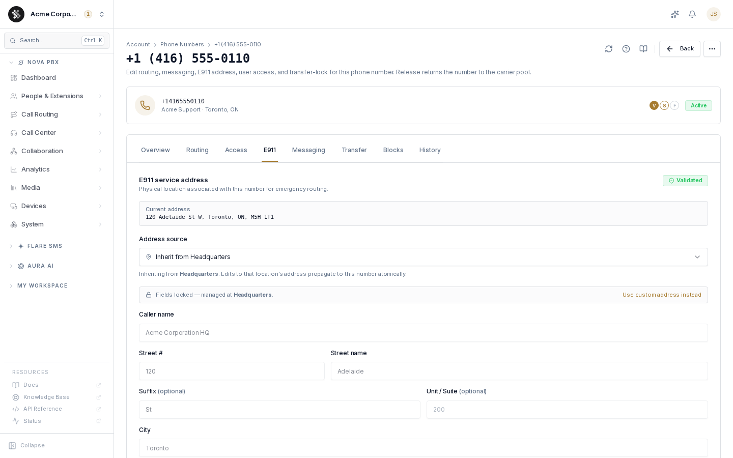 E911 tab with a validated, location-inherited dispatchable address