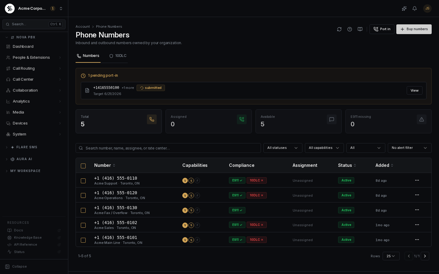 Phone Numbers page in dark mode