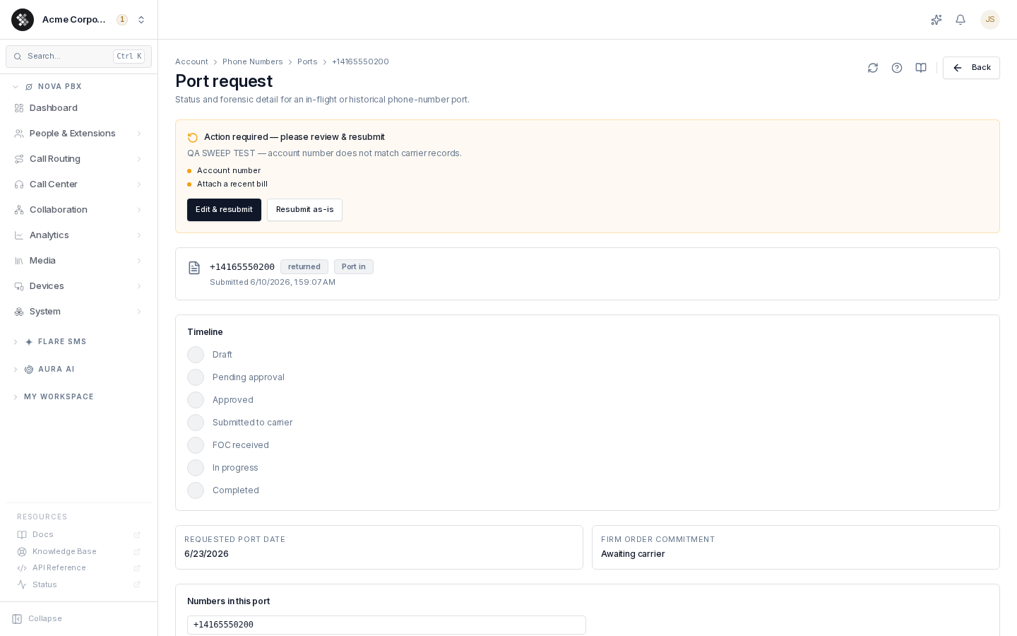 A returned port request with the corrections banner
