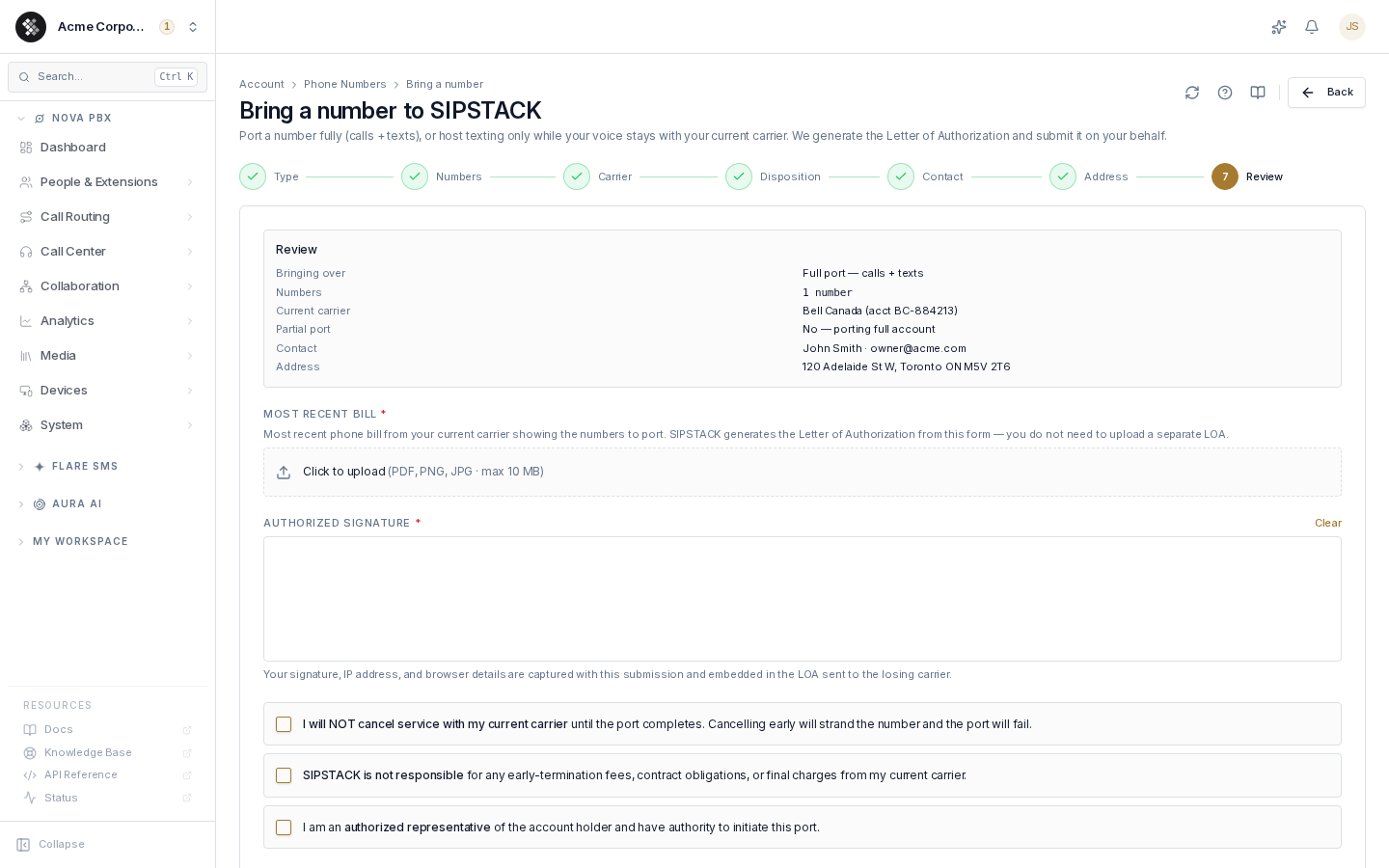 The final Review step — summary, bill upload, e-signature, and acknowledgements