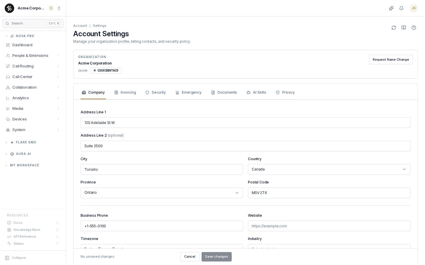 Account Settings page on the Company tab
