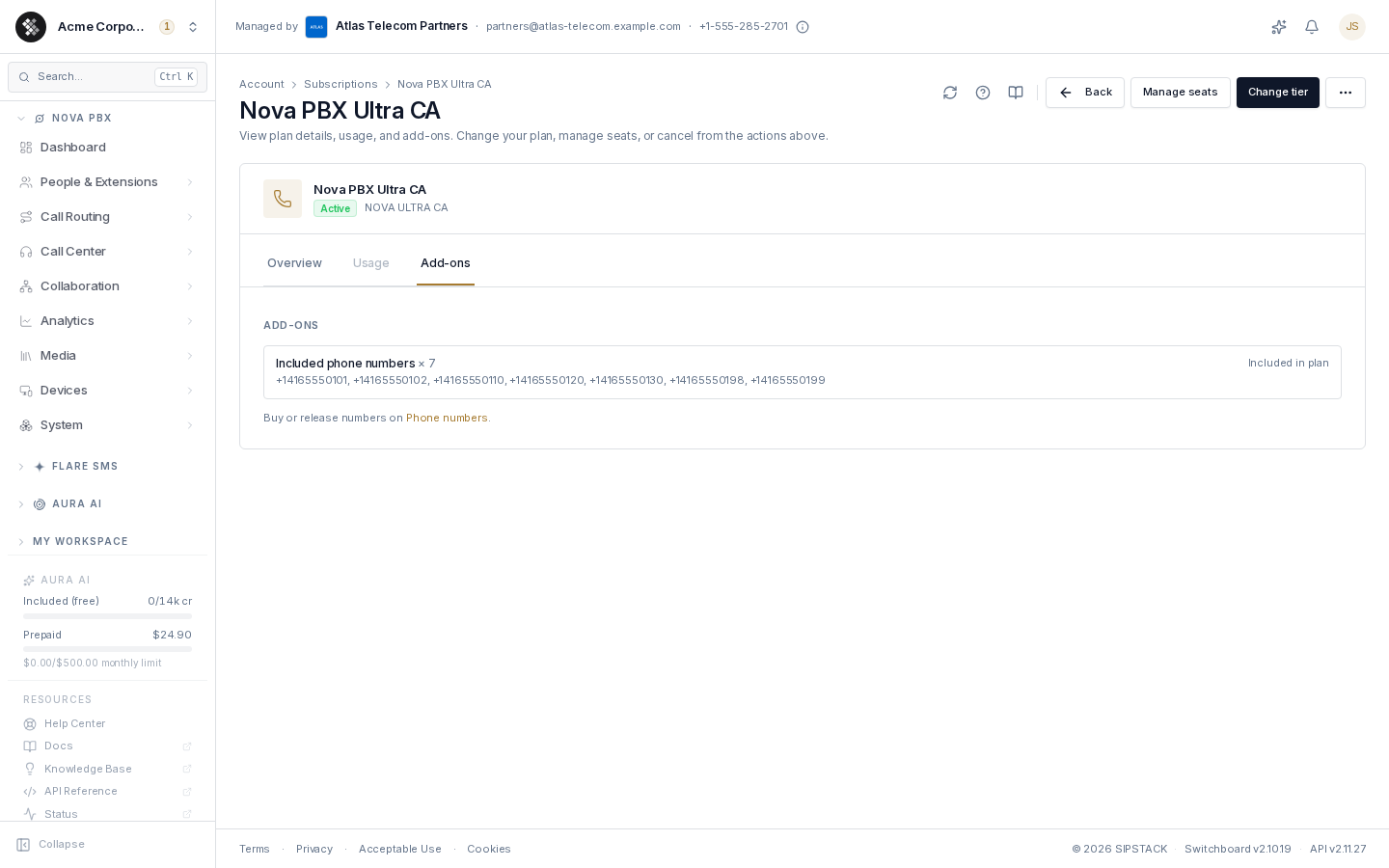 Subscription detail — Add-ons tab listing the phone numbers included in the plan