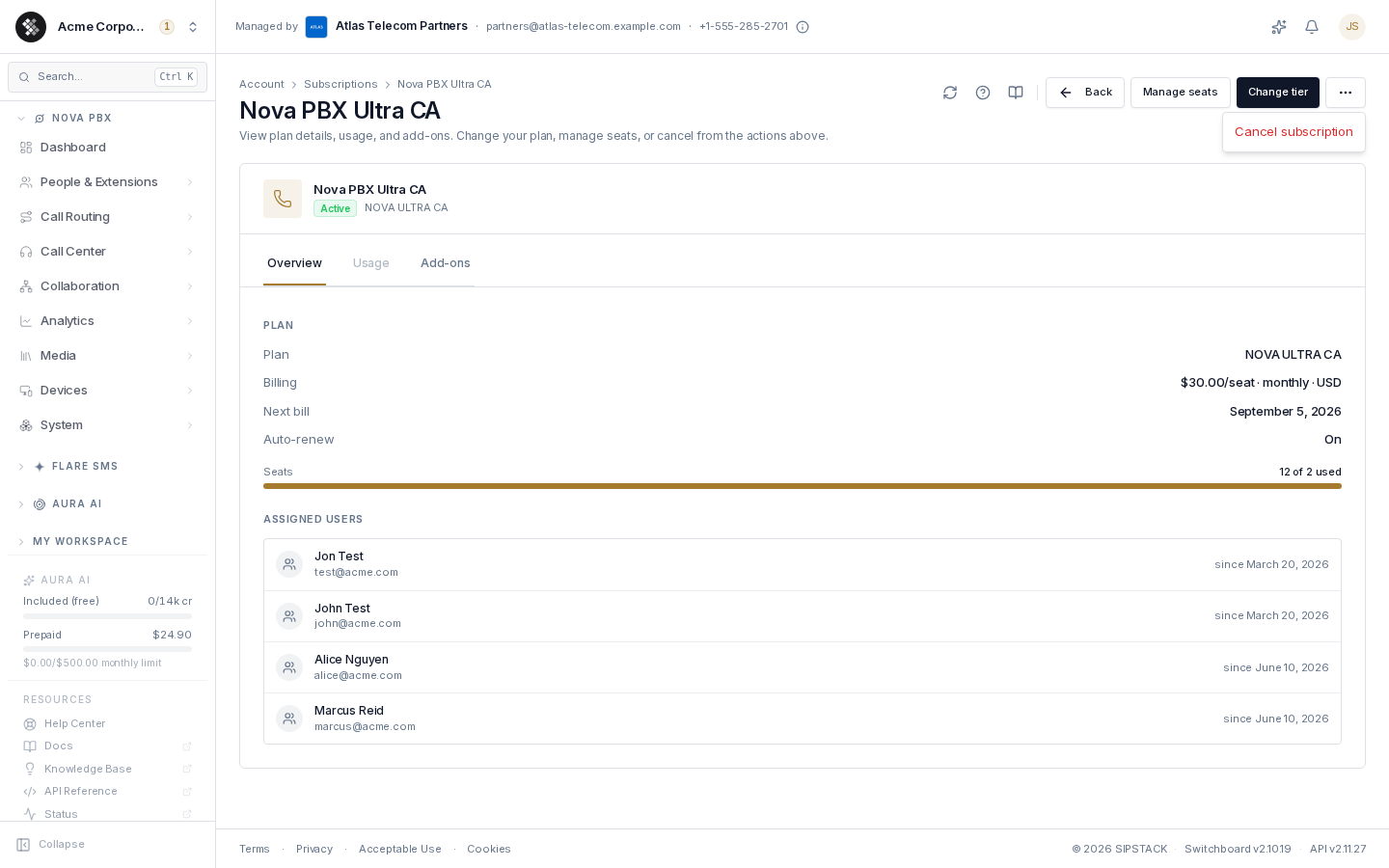 Subscription detail — More menu open