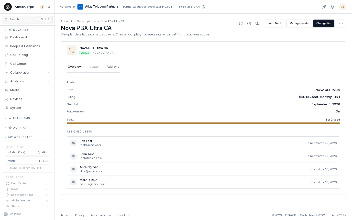 A subscription detail page