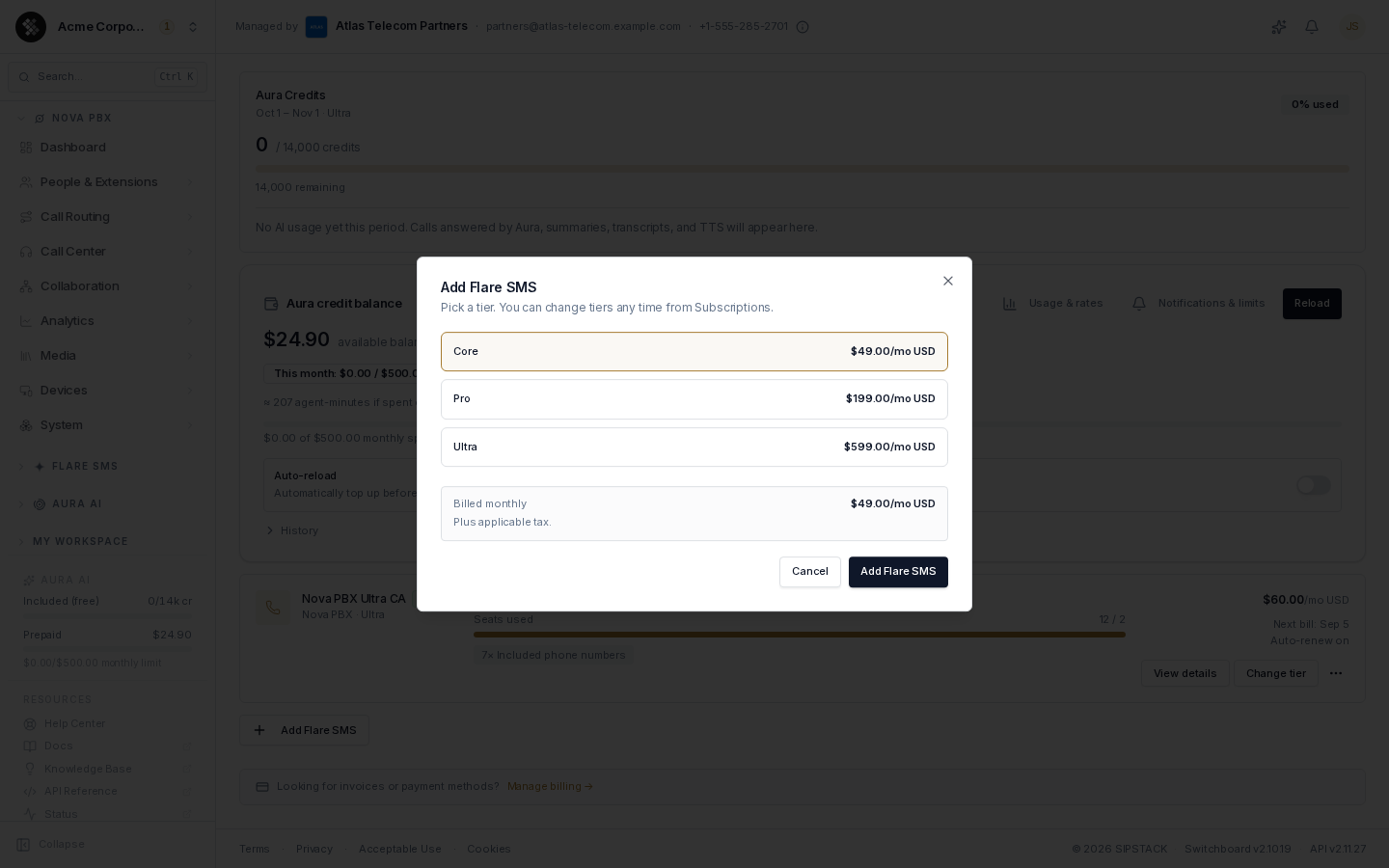 Add Flare SMS dialog with the Core tier selected and the monthly price preview
