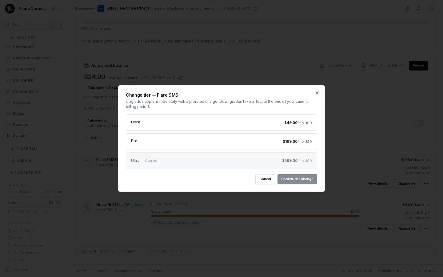 Change tier dialog for a Flare SMS subscription, listing the Core, Pro, and Ultra tiers with monthly prices