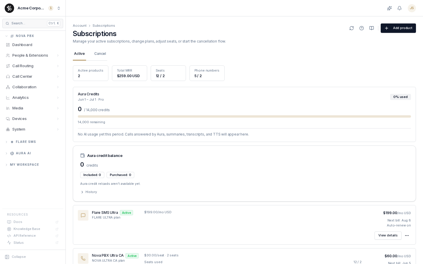The Subscriptions page