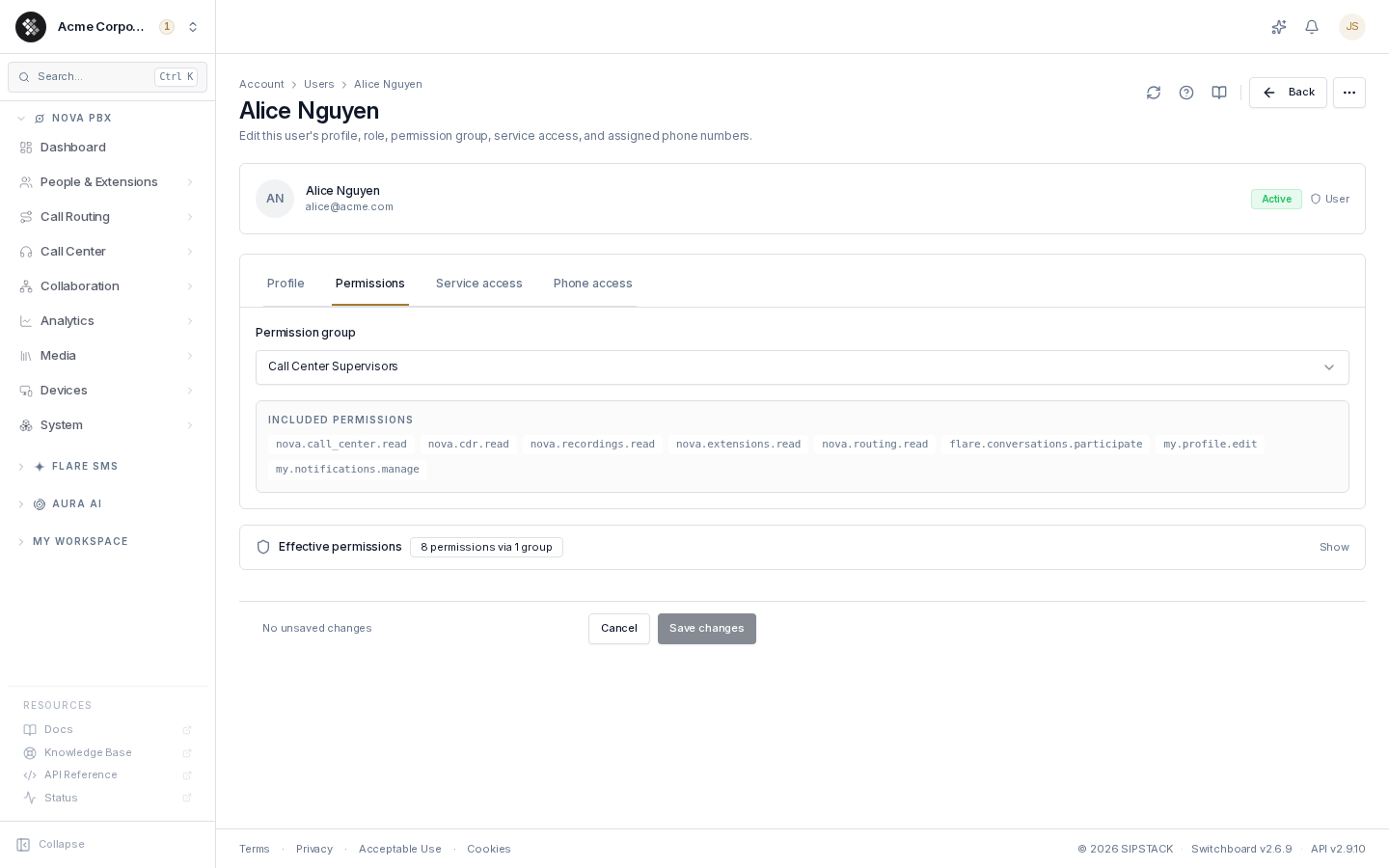 User detail — Permissions tab