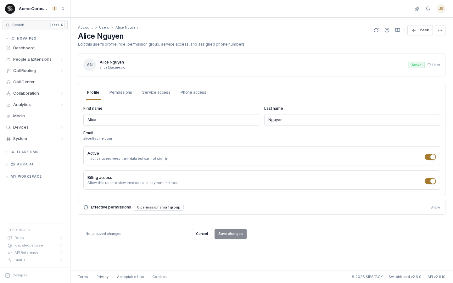 User detail page