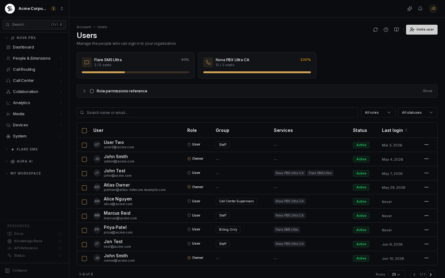 Users page in dark mode
