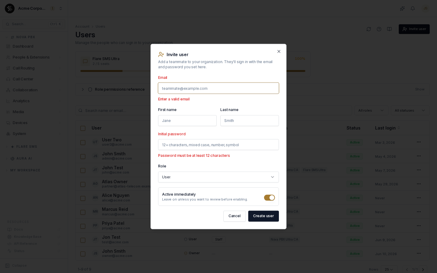 Invite user dialog with validation messages