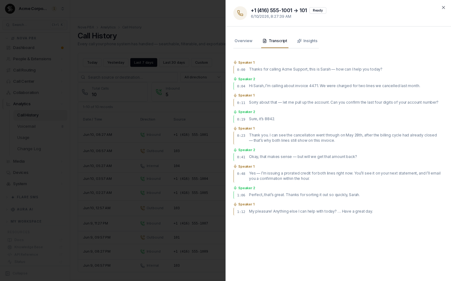 Diarized call transcript — speaker-labeled turns with timestamps