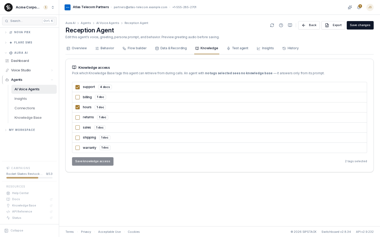 The agent's Knowledge tab — granting access by tag