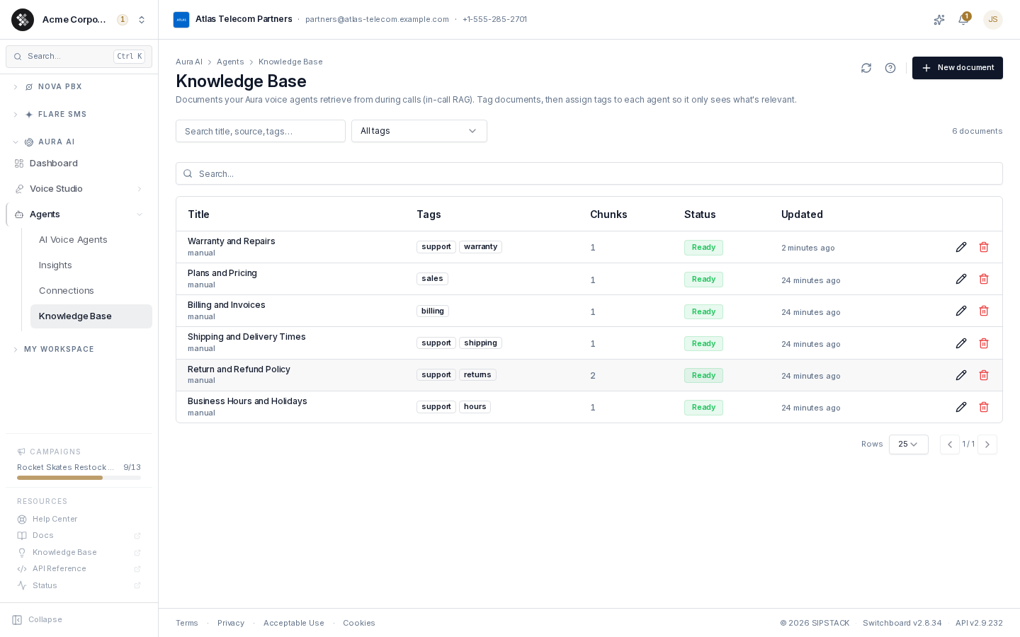 The Knowledge Base — documents your Aura voice agents retrieve from during calls