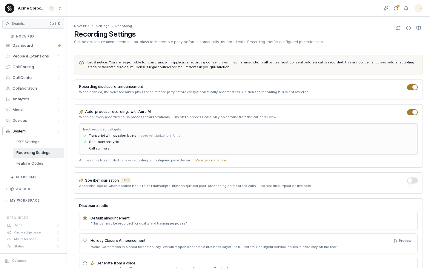 Recording Settings — Aura auto-process pipeline and the speaker diarization toggle