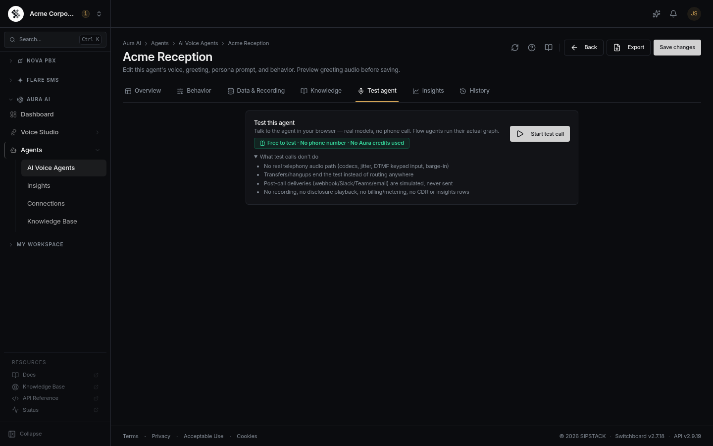 The Test Agent panel in dark mode