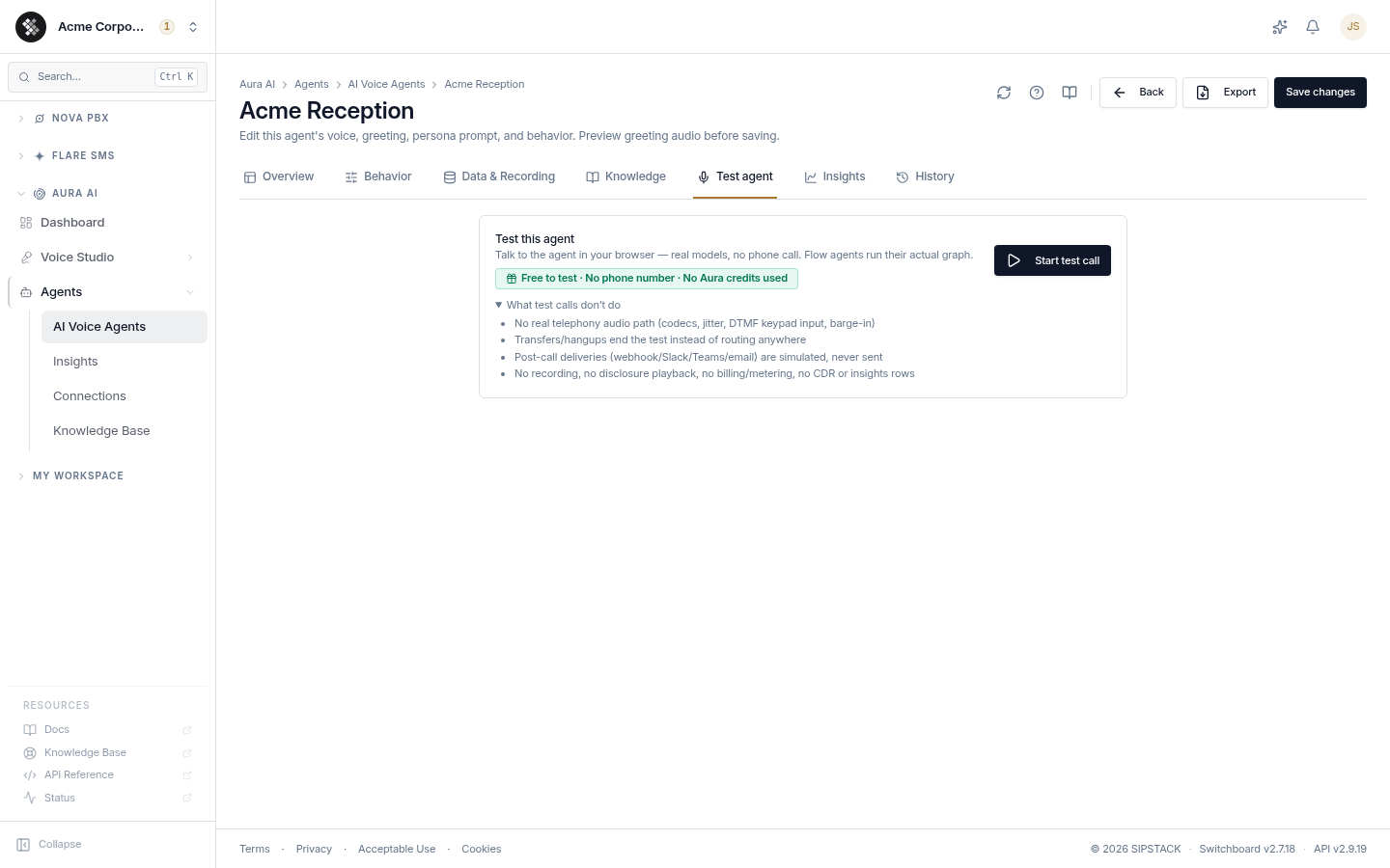 The Test Agent panel — ready to start a browser test call