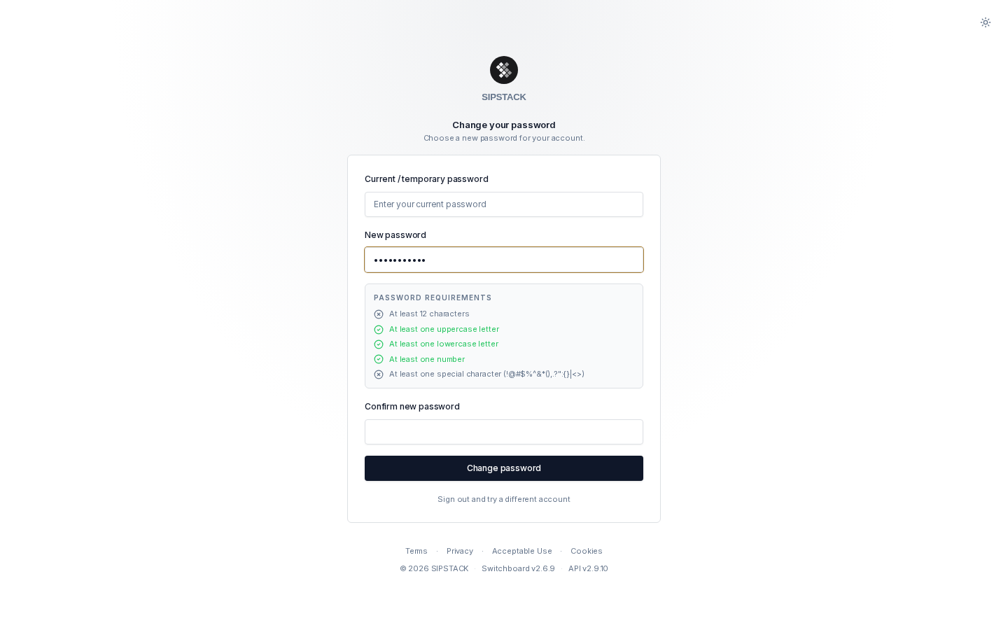 Change your password screen with the live requirements checklist
