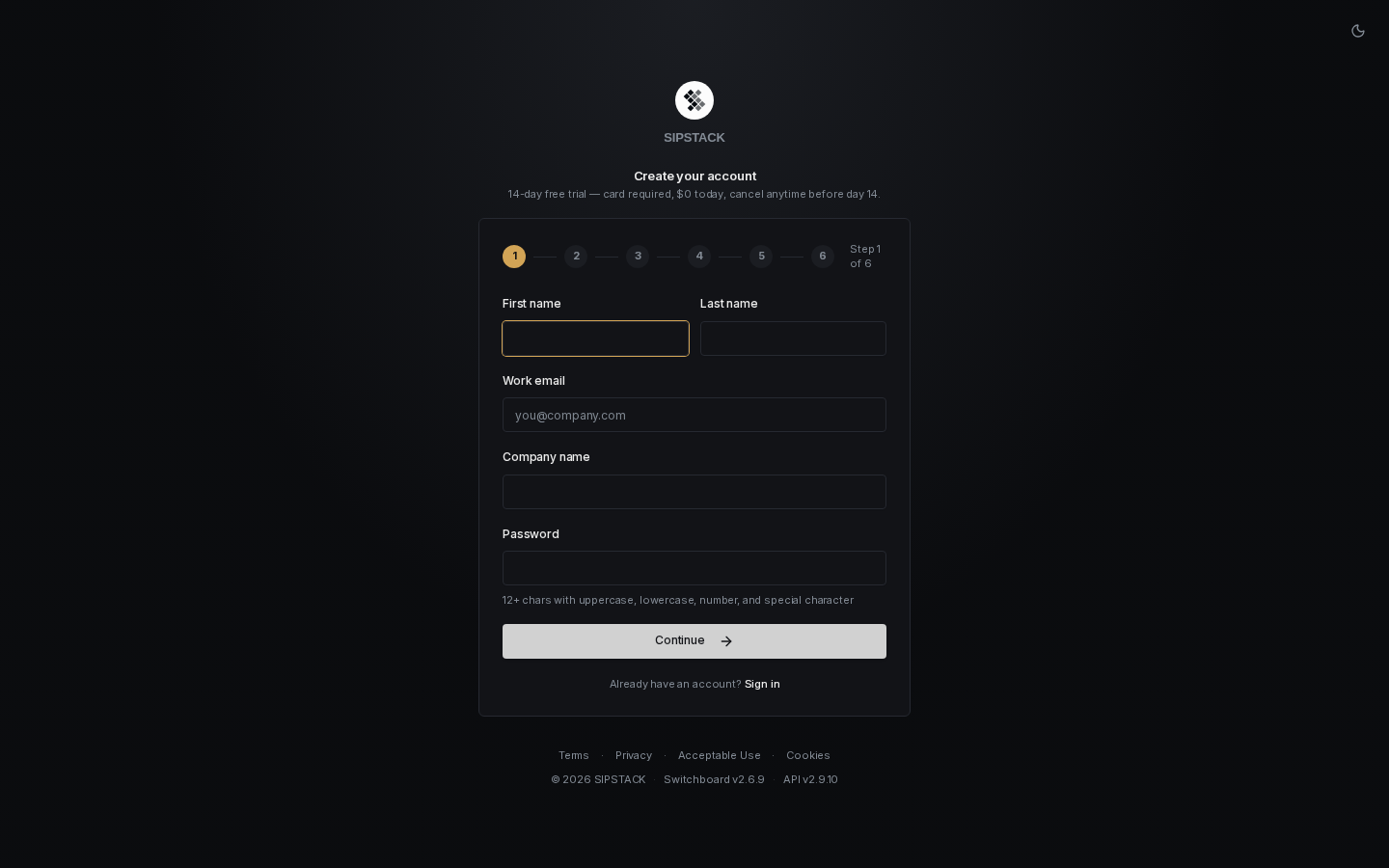 Signup — create your account in dark mode