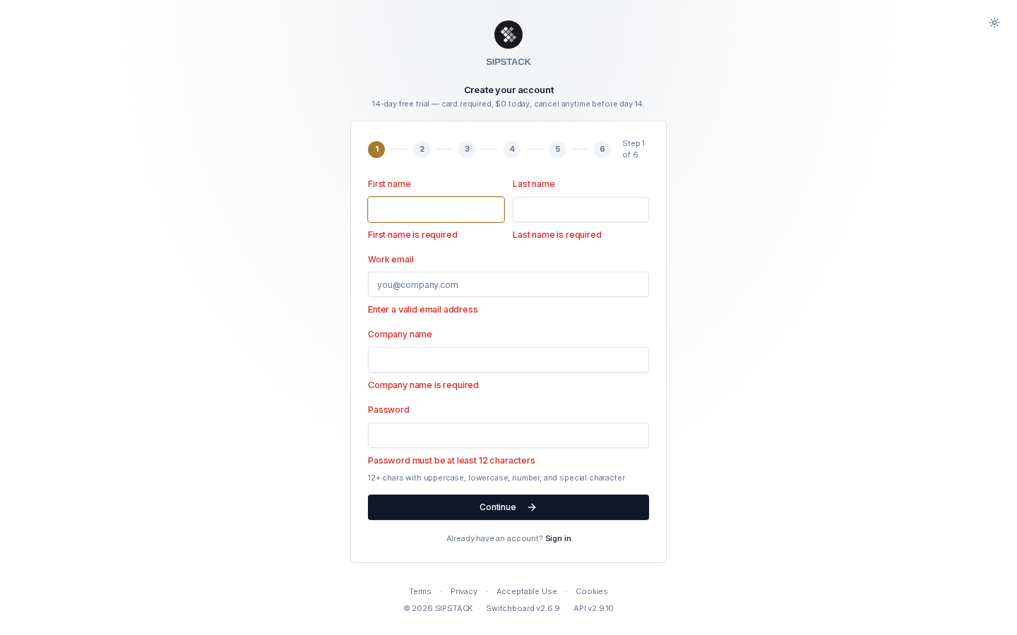 Signup validation errors, including the 12-character password rule