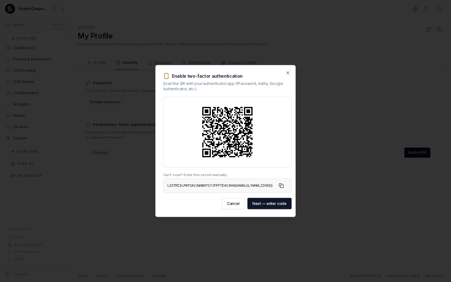 Enable 2FA dialog with QR code