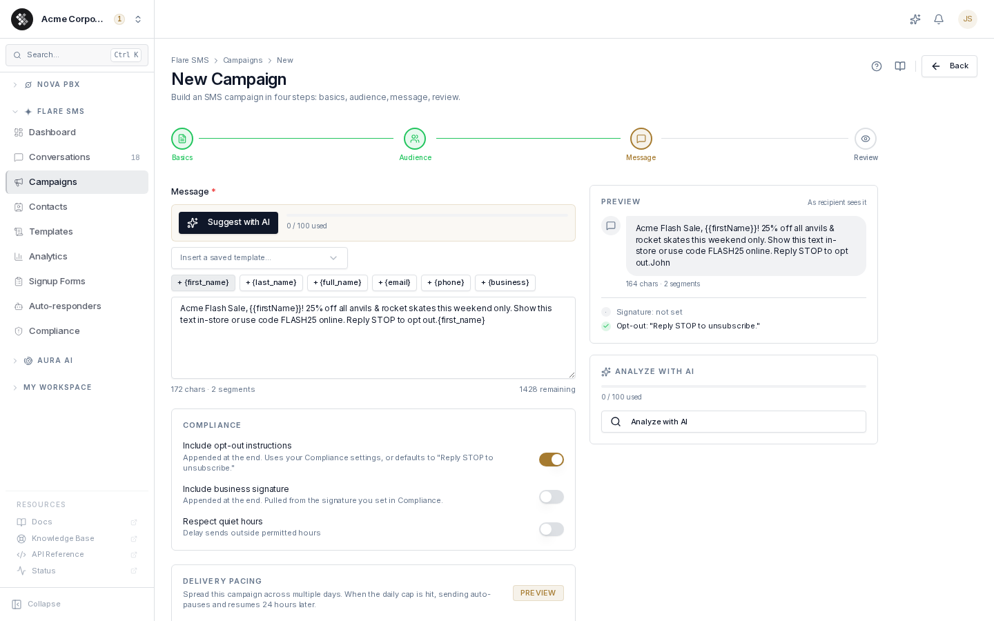 Campaign wizard — Message step