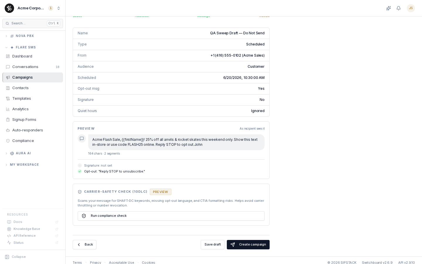 Campaign wizard — Review step